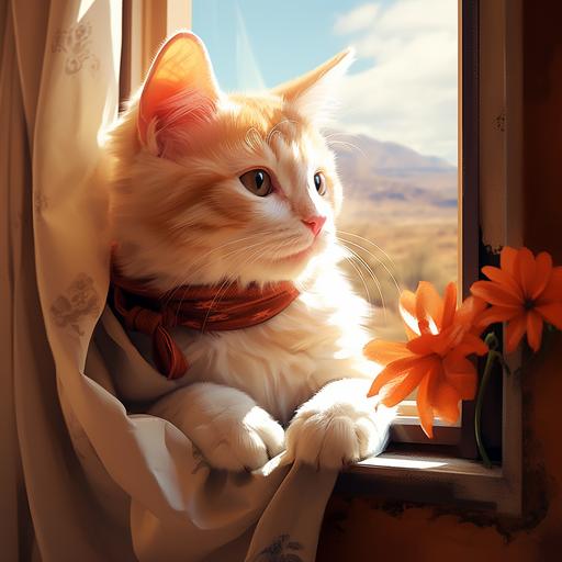white orange cat, with a cowboy hat, red scarf, looking at the window, disney cartoon style