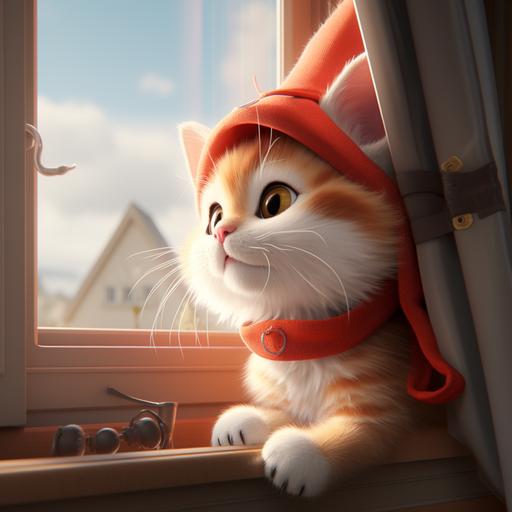 white orange cat, with a viking hat, red scarf, looking at the window, 3d, disney cartoon style