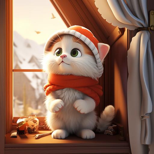 white orange cat, with a viking hat, red scarf, looking at the window, 3d, disney cartoon style