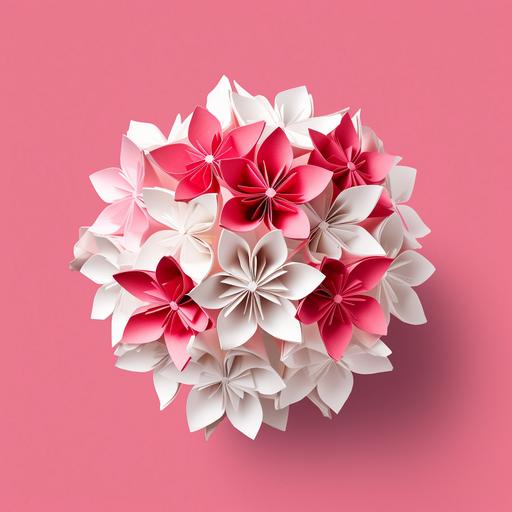 white origami flower bouquet. Japanese style, top view, shocking pink touch, Mother’s Day, clean background --v 5.1 --ar 1:1 --s 750