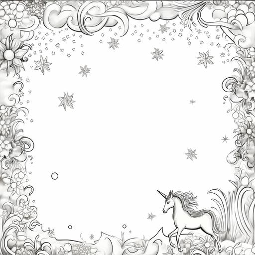 white page, interior of page blank, very delicate narrow border with images for small children including tiny unicorns, mermaids, flowers and stars, outline vector images only, no color, no fill, thick lines cartoon,--ar 85:110