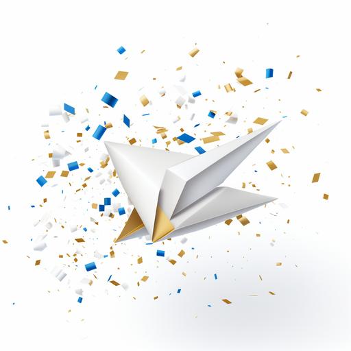 white paper flying airplane, with blue gold and white confetti with white background