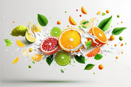 white pattern with flying fruit, fruit slices, mint leaves, lemons, oranges, kiwi, juice splash, 32k resolution, --ar 3:2