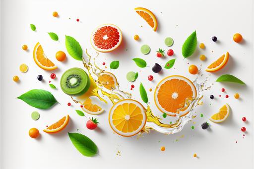 white pattern with flying fruit, fruit slices, mint leaves, lemons, oranges, kiwi, juice splash, 32k resolution, --ar 3:2