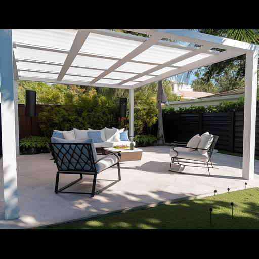 , white pergola, with covered white roof, modern patio furniture, outdoors, in Fort Lauderdale Florida, luxury backyard --s 250