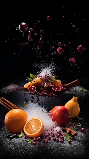 white powder, pomegranates, oranges, coffee beans, Guayusa tea leaves, beet root, and sea salt fighting on a black luxury gloss background --ar 9:16