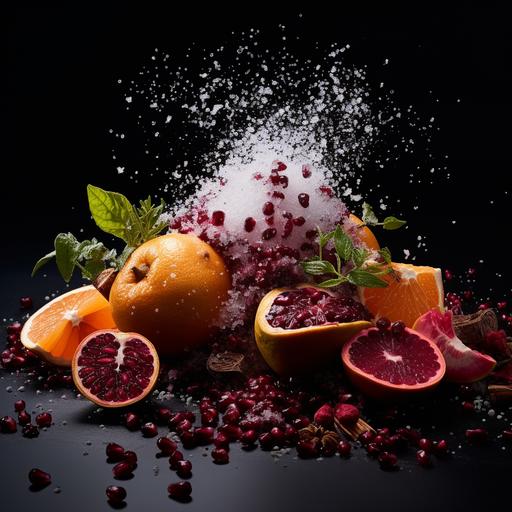 white powder, pomegranates, oranges, coffee beans, Guayusa tea leaves, beet root, and sea salt fighting on a black luxury gloss background
