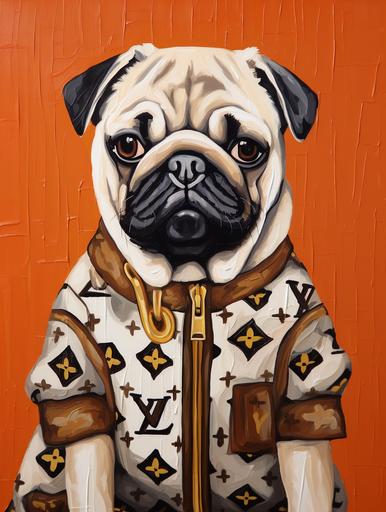 white pug , dog in louis vuitton clothes , fennel , louis vuitton , luxury brand , pop art , hand painting , oil painting --ar 3:4 --v 5.2