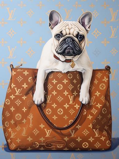 white pug , dog in louis vuitton clothes , fennel , louis vuitton , luxury brand , pop art , hand painting , oil painting --ar 3:4 --v 5.2