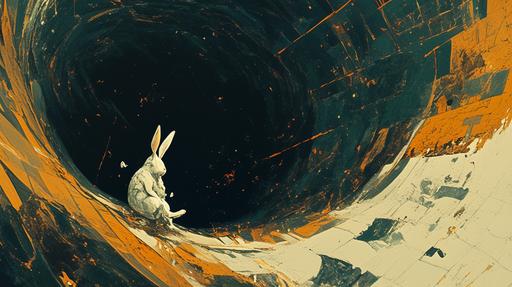 white rabbit sitting in a deep ominous rabbit black hole, in space, spiraling galactic chasm, retrofuturistic film noir, stardust --ar 16:9 --niji 6