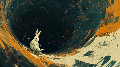 white rabbit sitting in a deep ominous rabbit black hole, in space, spiraling galactic chasm, retrofuturistic film noir, stardust --niji 6 --ar 16:9