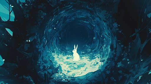 white rabbit sitting in a deep ominous rabbit hole in forbidden forest , analog, retrofuturistic film noir, stardust --ar 16:9 --niji 6