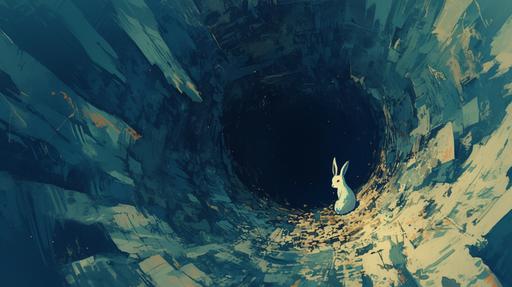 white rabbit sitting in a deep ominous rabbit hole in forbidden forest , analog, retrofuturistic film noir, stardust --ar 16:9 --niji 6