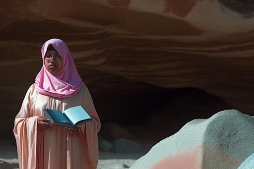 A white robed Arab woman with a Chinese style bracelet Read the book. in the Badain Jaran Desert, submerged in a castle in the desert，Huge rocks suspended in the air，Rock texture，cosmic,in the style of surreal and dreamlike compositions, oversized objects, photorealistic scenes, light cyan and Light pink and bronze, nostalgic rural life depictions, three-dimensional effects，hyper det cailed，the light bending of the silver age,refraction， calm and meditative, surrealist，Painting by ，Roeqiya Fris,Mareo Rodriguez 8k --ar 3:2 --v 5 --c 99 --s 999