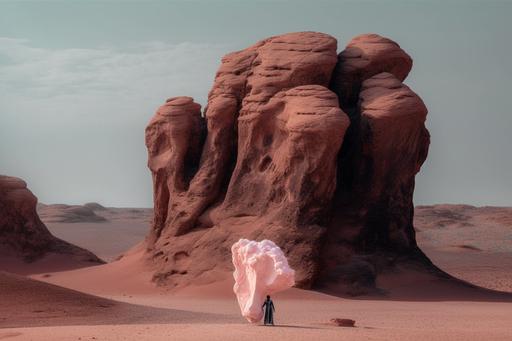 A white robed Arab woman with a Chinese style bracelet Read the book. in the Badain Jaran Desert, submerged in a castle in the desert，Huge rocks suspended in the air，Rock texture，cosmic,in the style of surreal and dreamlike compositions, oversized objects, photorealistic scenes, light cyan and Light pink and bronze, nostalgic rural life depictions, three-dimensional effects，hyper det cailed，the light bending of the silver age,refraction， calm and meditative, surrealist，Painting by ，Roeqiya Fris,Mareo Rodriguez 8k --ar 3:2 --v 5 --c 99 --s 999