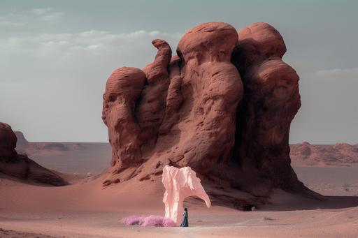 A white robed Arab woman with a Chinese style bracelet Read the book. in the Badain Jaran Desert, submerged in a castle in the desert，Huge rocks suspended in the air，Rock texture，cosmic,in the style of surreal and dreamlike compositions, oversized objects, photorealistic scenes, light cyan and Light pink and bronze, nostalgic rural life depictions, three-dimensional effects，hyper det cailed，the light bending of the silver age,refraction， calm and meditative, surrealist，Painting by ，Roeqiya Fris,Mareo Rodriguez 8k --ar 3:2 --v 5 --c 99 --s 999