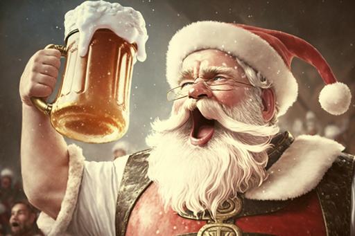 white santa claus cheering while holding a large Oktoberfest beer mug --v 4 --ar 3:2