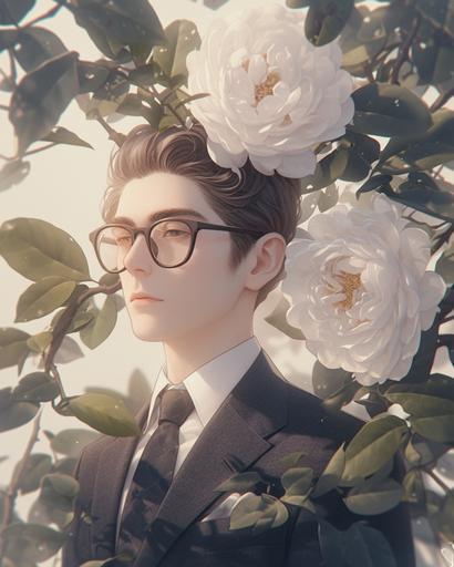 white sartorial magus magical peony performance, minimal male figure in glasses and armani suit --ar 4:5 --sref    --stylize 1000 --niji 6