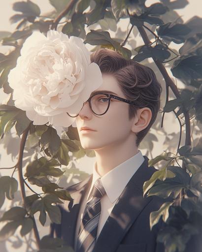 white sartorial magus magical peony performance, minimal male figure in glasses and armani suit --ar 4:5 --sref    --stylize 1000 --niji 6