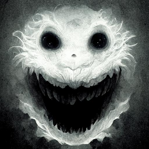 white scary smiling monster face in the dark looking at me — ar 16:9