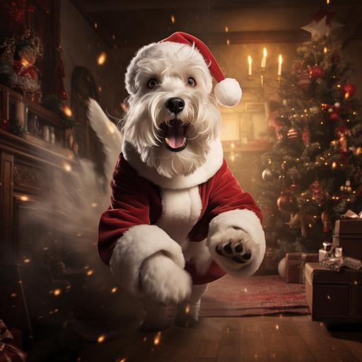 white schnauzer as Santa chasing cats from Christmas tree