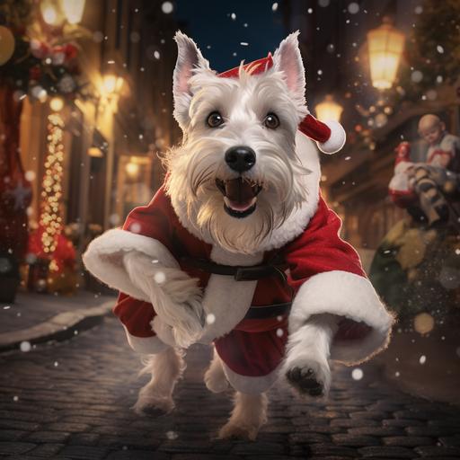 white schnauzer in santa dress chasing cats that steals packages under the Christmas ultra realistic