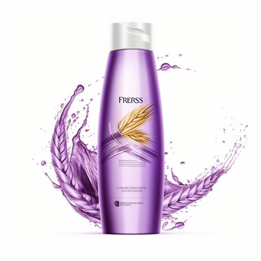 , white shampoo bottle with purple label wheat illustration bg, beautiful oil drop, water splashing around --v 5.2