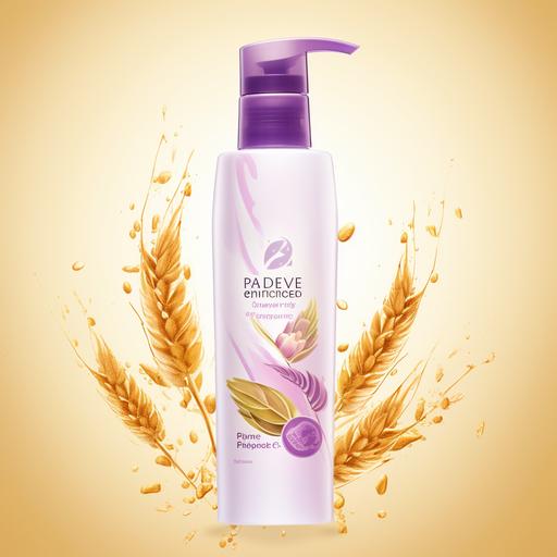 white shampoo bottle with purple label wheat illustration bg, beautiful oil drop, water splashing around --v 5.2