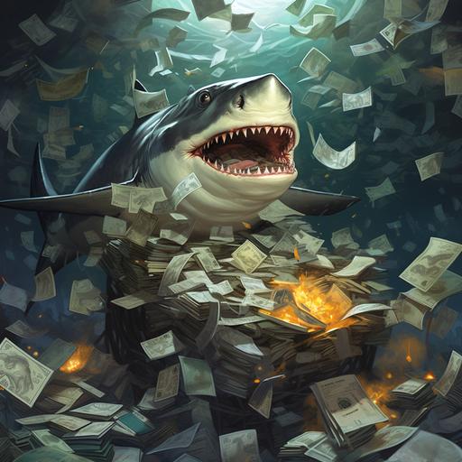 white shark swiming in documents like Scrooge McDuck in his money vault