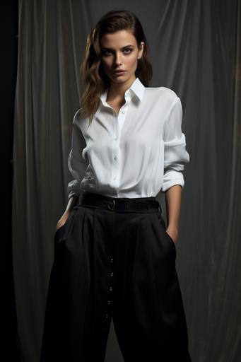 white shirt with wide leg trousers in black, in the style of matte photo, hyper-realistic details --ar 2:3