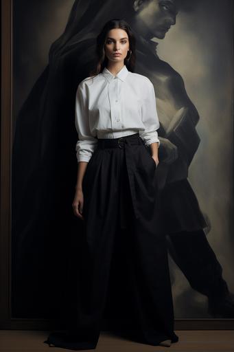 white shirt with wide leg trousers in black, in the style of matte photo, hyper-realistic details --ar 2:3