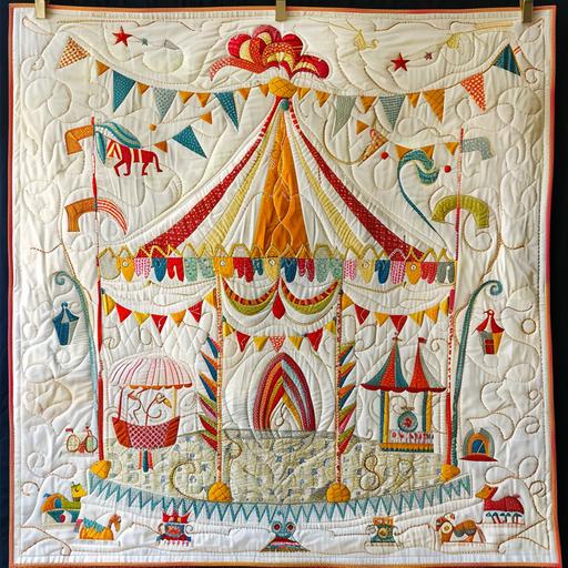white silk quilt circus illustration sewn with white thread