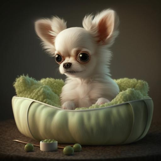 white small Chihuahua puppy with long fur and big ears, in a green dog bed eating a big bone, hyperrealistic, 8k, Pixar, detailed