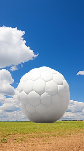 white soccer ball and shaped cloud near the ground,clear sky --ar 9:16