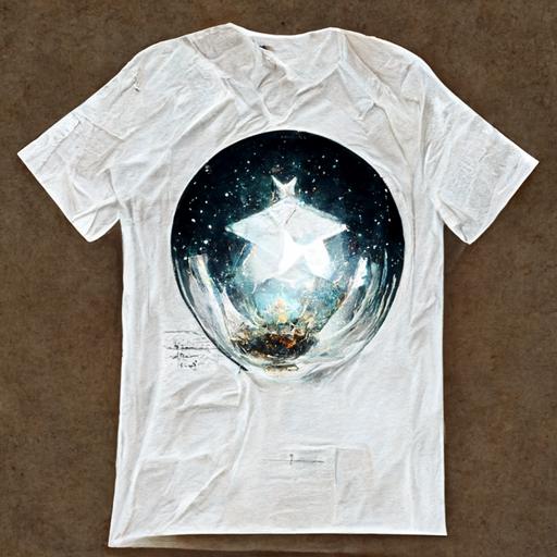 white tshirt  with a picture of a glass sphere :: a white t shirt with a picture of a magical book and stars  --s 1250