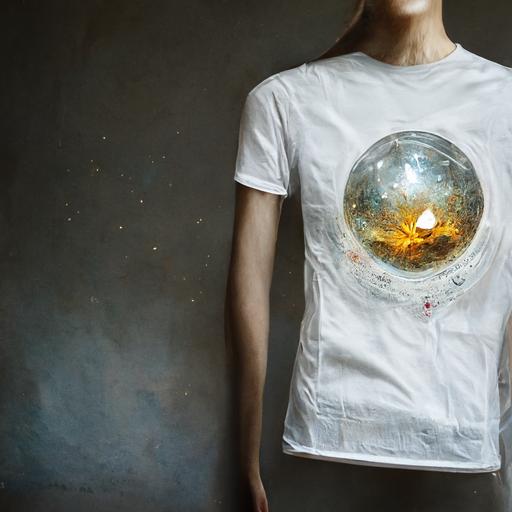 white tshirt  with a picture of a glass sphere :: a white t shirt with a picture of a magical book and stars  --s 1250