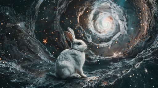 white vintage sci-fi rabbit sitting in a deep ominous rabbit black hole, in space, spiraling galactic chasm, retrofuturistic film noir, stardust, ominous collage art, mixed media art, --ar 16:9 --v 6.0