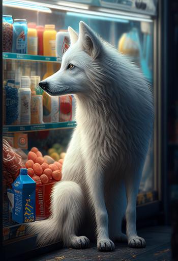 white wolf buying grocery, dreamcatcher, hyper realistic, photorealism, vivid colours, super adobe, 8k, full hd, octane render, beautifully color graded, cinematic, insanely detailed, anime illustration style --v 4 --ar 2:3