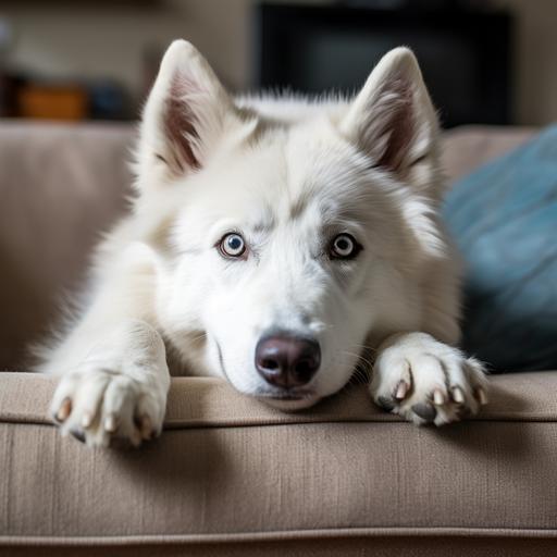 white wolf dog with funny cute eyes in a living room, as if he were saying please