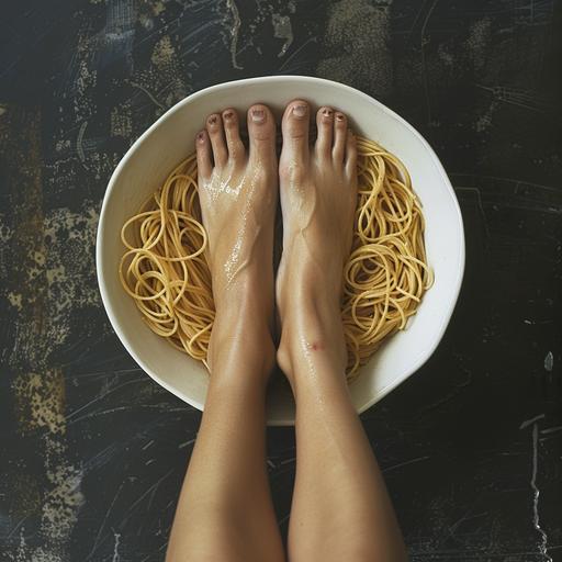 white womans feet in a bowl of spaghetti