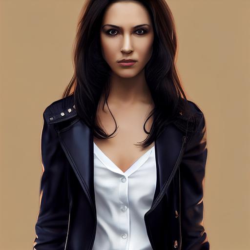white woman,tall,brunette,long black hair,jeans,brown leather jacket,high heels,navy blue shirt,city,photorealistic,high definition --test --creative --upbeta