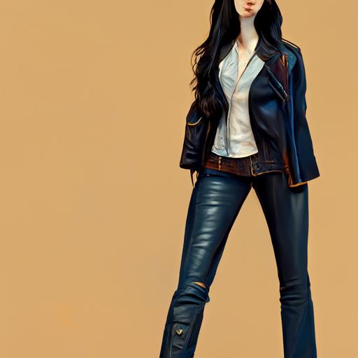 white woman,tall,brunette,long black hair,jeans,brown leather jacket,high heels,navy blue shirt,city,photorealistic,high definition