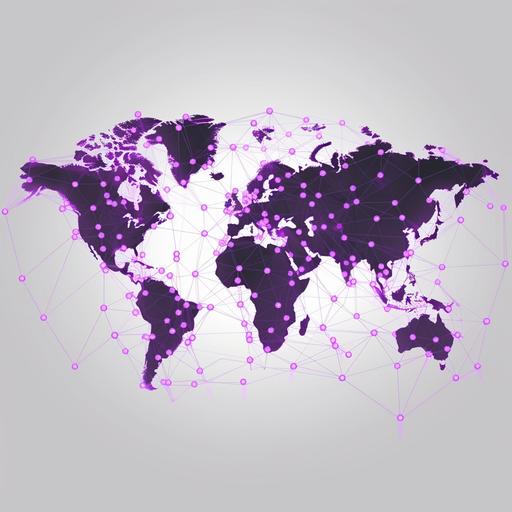 white world map created with circles, white background, with purple glowing dots and lines, network connections, 16:9 format, 4k high definition
