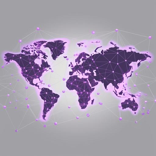 white world map created with circles, white background, with purple glowing dots and lines, network connections, 16:9 format, 4k high definition
