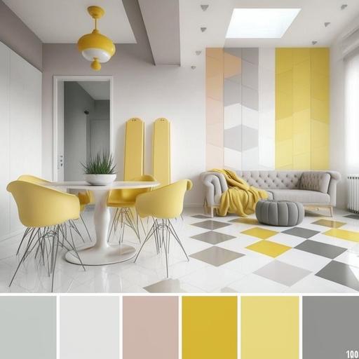 white ,yellow, taupe, grey color combination saloon, tan color chair, grey matt flooring, oak white wood console, grid ceiling