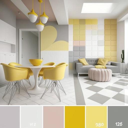white ,yellow, taupe, grey color combination saloon, tan color chair, grey matt flooring, oak white wood console, grid ceiling