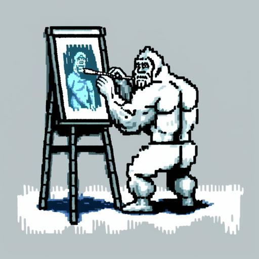 white yeti drawing a picture, 16 bit pixel art, cinematic still, hdr