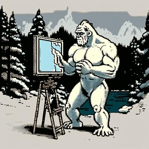 white yeti drawing a picture with canvas, 16 bit pixel art, cinematic still , hdr