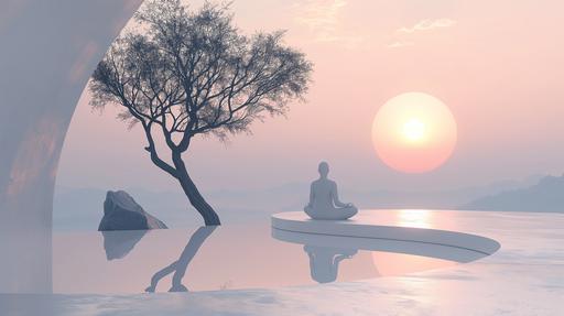 white zen meditation space sunset nature view minimal, --ar 16:9 --v 6.0