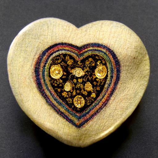 a multicolored heart shaped shirt button carved from Nacre etched with gold floral patterns